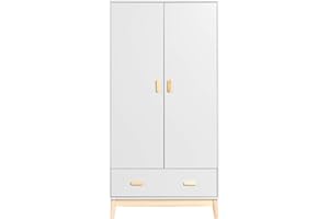Rebecca Mobili Guardaroba per Bambini, Armadio da Cameretta, Bianco Marrone, MDF Pino, Stile Scandinavo, con 1 Cassetto 2 Ante - Misure HxLxP: 175 x 80 x 55 cm - Art. RE6986