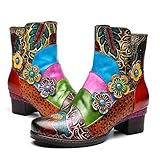  gracosy Damen Stiefeletten mit Absätzen, 2019 Neu Leder Blumen Winter Warme Stiefel Handgefertigte Vintage Buntes Patchwork Bequeme Schneeschuhe Spleißen Flache Draußen Mode Wanderschuhe Schuhe