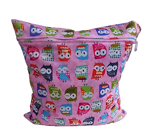 Kobwa(TM) Baby Infant Waterproof Zipper Reusable Wet and Dry Diaper Bag (Pink Owl) with Kobwa's Keyring