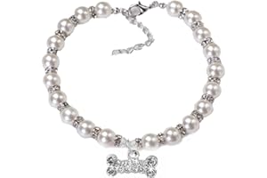 RayMinsino Pet Pearl Necklace Adjustable Diamond-Studded Dog Bone Pendant Dog Jewelry Collar, White