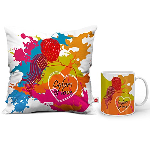 Indigifts Holi Special Colors of Love Quote Couple Illustrated on Splash of Colors Multi Mug 330 ml and Cushion Cover 12x12 inch with Filler - Holi Gifts, Holi Items, Colorful Mugs, Quirky Gifts