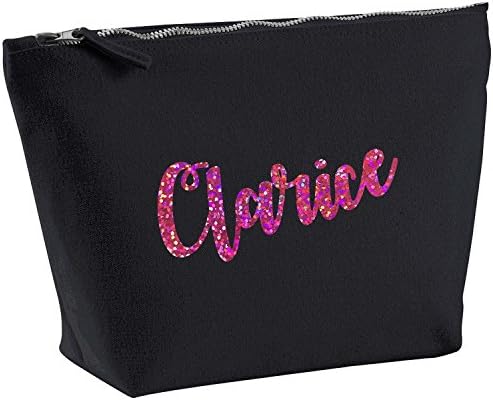 Clarice Personalised Name Cotton Canvas Black Make Up with a Holographic Pink Print Accessory Bag Wash Bag Size 14x20cm. The perfect personalised Gift for All occasion, Christmas, Birthdays,