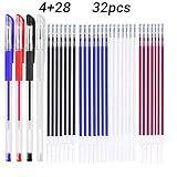 COLORES: Como se muestra en la imagen, hay 4 colores de plumas de borrado en caliente y recambios de plumas de borrado en caliente, negro, azul, blanco y rojo. Los recambios adicionales de la pluma son 32 piezas en total, 4 colores. Por favor, haga una prueba en la tela antes de usar. Algunas telas no son adecuadas, y las telas de cuero funcionan mejor.