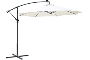 Outsunny 3(m) Banana Cantilever Parasol with Solar LED Lights, Garden Umbrella with Cross Base and Crank Handle, Hanging Offset Sun Shade for Outdoor, Patio, Cream White