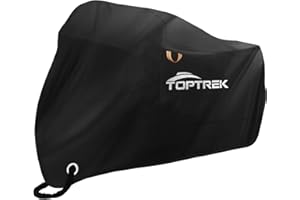 Toptrek Pokrowiec na motocykl z taśmą do szwów, plandeka na motocykl XXXL 210D Oxford, wodoszczelna, oddychająca, do użytku na zewnątrz, czarna (265 x 105 x 133 cm)