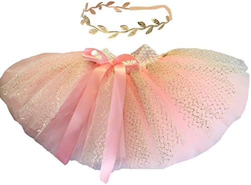 BBVESTIDO Baby Girls Pink Tutu Skirt With Gold Tulle and Headdress for 1st Party (1-2T, Pink with Gold)