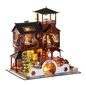 niature Dollhouse DIY House Kit with Furniture LED Chinese Style Wooden Dollhouse Kit Christmas Gift Birthday Gift for Adults Children(Multicolorwithout Dust Cover)-POOWE