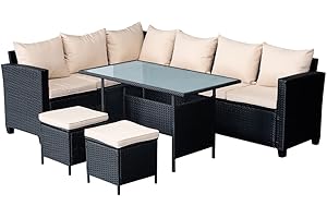 Panana 8-Seater Rattan Corner Sofa Set with Table & Stool, Outdoor Wicker Patio Lounge Furniture Set for Garden, Patio, Balcony, and Conservatory (Black Wicker with Beige Cushions)