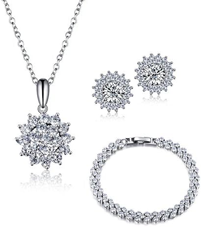 Women 925 Sterling Silver Snowflake Stud Earring Pendant Necklace Tennis Bracelet Fashion Cubic Zirconia Jewelry Set with Gift Box