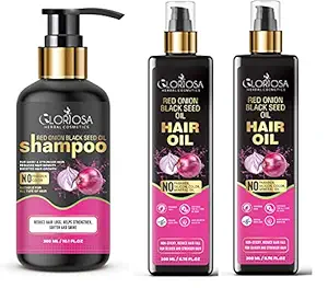 GLORIOSA HERBAL COSMETICS Red Onion Hair Fall Shampoo for Hair Growth 300ml & Red Onion Hair oil for hair Growth & Controls Hair Fall [2]200ml [Pack of 3]