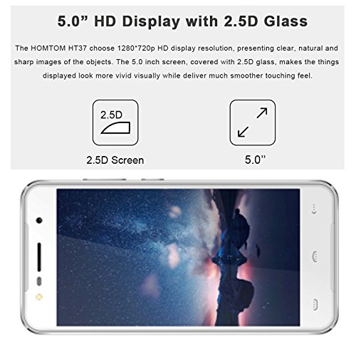 HOMTOM HT37 Smartphone 3G, 5.0 Inch HD, MTK6580 Quad-core CPU 1.3GHz, Android 6.0, 2GB RAM + 16GB ROM, 8.0MP+2.0MP Camera, 3000mAh, Doppia SIM - Argento