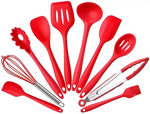 Silicone Kitchen Cooking Utensils With Hygienic Solid Coating, Heat Resistant Baking Spoonula, Brush, Whisk, Large and Small Spatula, Ladle, Slotted Turner and Spoon, Tongs, Pasta Fork Cherry Red (10pcs/set)