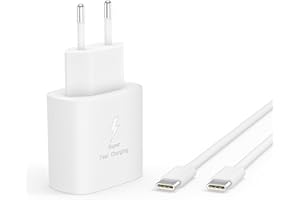 HECHOBO Chargeur Rapide pour Samsung Galax S25 S24 S23 S22 S21 S20 Série, A15 A16 A14 A13 A54 A55 A56 A35 A36 A25 A26 5G, Chargeur Rapide 25W de Rechange d'origine + 2m Type-C Câble (Blanc)