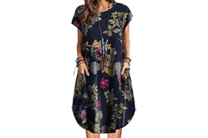 ZANZEA Women Summer Dresses Cotton Linen Dress Plus Size Short Sleeve Baggy Printed Casual Midi Dresses with Pockets