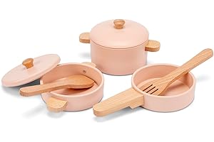 Woet – Wooden Pots and Pans Set for Toddlers Age 24 Months+ – 7-Piece FSC Pink Cooking Pan Set – Pretend Kitchen Accessories – Role Play Cookware & Chef Toy – Gift for Kids