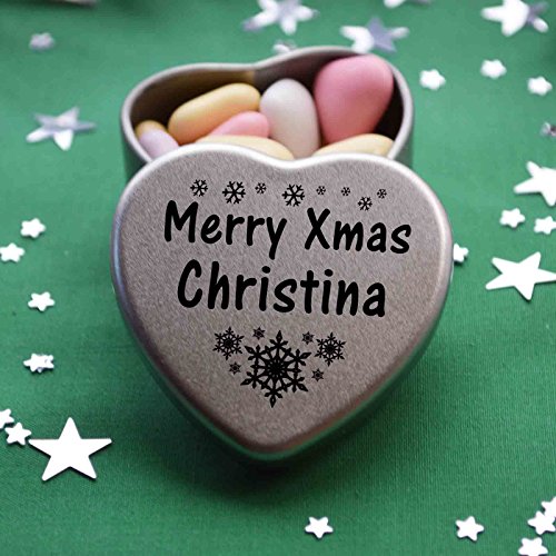 Gift In Can Merry Xmas Christina Heart Shaped Mini Tin Gift filled with mini coloured chocolates perfect christmas card alternative for Christina Fun Festive Snowflakes Design