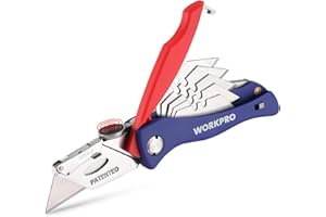 WORKPRO Cúter Plegable, Cortador Profesional Plegable para Uso General, Cutter de Mecanismo de Cambio Rápido, con 5 Cuchillas SK5 de Repuesto