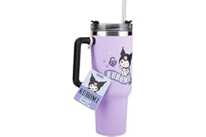 Paladone Kuromi Vaso térmico morado de 900 ml con pajita y asa, botella reutilizable con licencia oficial Sanrio Hello Kitty y amigos, para agua, té frío, café, coleccionable kawaii para fans