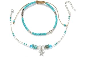 Bohend Boho playa Estrella Tobilleras Plata Turquesa bohemio Pulsera de tobillo Cadena de pie de tobillera Joyas para mujeres y niñas (2 piezas)