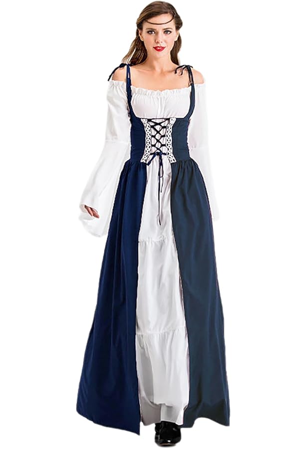 Middeleeuwse kleding voor dames, set van 5 stuks, retro off-shoulder blouse, jurk, renaissance-kostuum, Victoriaanse kleding, maxi-jurk met korset, riemtas, riem, carnavalskostuum (groen, M
