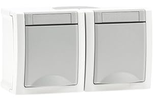 Voltking Aufputz Feuchtraum Steckdose 2-Fach waagrecht IP54, vorverdrahtet, Modell Pacific, grau