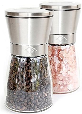 Salt and Pepper Grinder Set By HUB - Brushed Stainless Steel Spice Mill Grinder Pair With Glass Bottle - Adjustable Coarseness Ceramic Grinding Mechanism