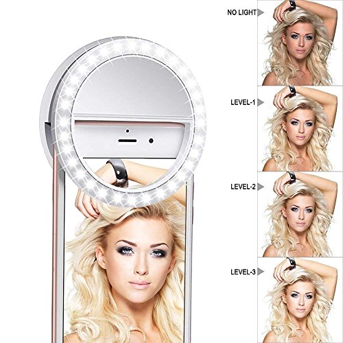 Meer Clip en uno Mismo la luz del Anillo [Batería Recargable de] con LED Flash Anillo Selfie Clip de 3 Niveles de Intensidad para teléfono, Tablet, iPad, Ordenador portátil, cámara (Blanco)