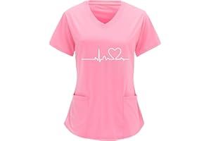 Sizoer Kasack Damen Pflege Valentinstag Herz Gedruckt Arbeitskleidung Pflege Kurzarm V-Ausschnitt Schwesternkittel Kasack Bunt Mit Taschen Berufsbekleidung Damen - Kasack - Tunika