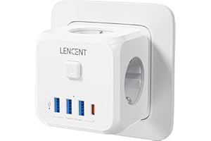 ‎LENCENT LENCENT Cube Wtyczka USB 7 w 1, Ladron Wtyczki 4000W, Cube Wielu Wtyczki ścienne z 3 gniazdami sieciowymi, 3 USB, 1 typ C i przełącznik, ładowarka USB do biura, kuchni i pokoju