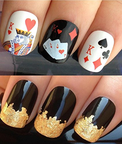 NAIL DECALS WATER TRANSFERS ART SET #157. A SHEET OF WATER NAIL TRANSFERS & A LARGE GOLD LEAF SHEET FOR CUSTOM DESIGNED NAIL! LAS VEGAS CASINO PLAYING CARD DECK OF CARDS KING OF HEARTS CLUBS DIAMONDS ACES WATER WRAP STICKERS DECALS & STUNNING 24KT GLIZZY GOLD LEAF FOR FULL HOLLYWOOD NAILS! ALL CAN BE USED WITH NATURAL GEL ACRYLIC STICK ON NAILS!