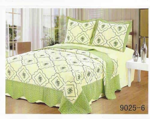3 Piece Polycotton Floral Embroidered Quilted Bedspread Comforter Throw - Single Double King Size (Double Bed, Green)