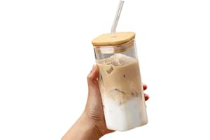 Générique Gobelets en Verre Transparent avec Couvercles et Pailles Verres à Boire Carrés de 400 ML Tasse à Boire Portable Résistante à La Température pour Jus, Boissons Froides, Café Glacé (B)