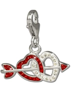 SilberDream Glitzer Charm Doppelherz mit Pfeil rot/weiß Zirkonia Kristalle Anhänger 925 Silber für Bettelarmbänder...