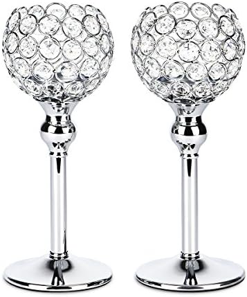 Huamai Crystal Candle Holders Dinning Table Center Decoration Candlestick for Wedding, Birthday Party, Candlelight Dinner, 26cm Tall, Set of 2 (Silver)