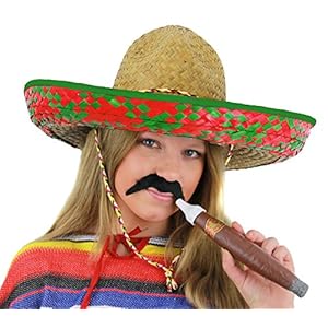 Señoras sombrero mexicano verde + negro bigote + Jumbo Cigar Fancy Dress Accessory gorro Tash vacaciones paja para despedida de soltera