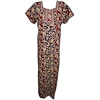 Mogul Interior Ladies Kaftan Embroidered Neck Bohemian Design Nightwear, Housedress, Maxidress, Large