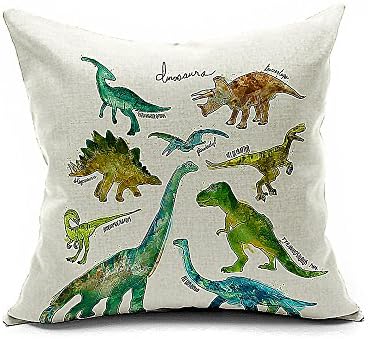 Aobik Multi Dinosaur Animals Cotton Linen Square Decor Throw Pillow Cover Cushion Cover Size 18"X18" Set 1 Color White