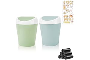 DIBALIYI 2PCS Mini Bedroom Bin with Lid, Small Desktop Trash Can with 6 Rolls Bin Liners and 1 Cartoon Sticker, Portable Plastic Bedroom Bin for Kitchen, School, Office (Blue, Green)