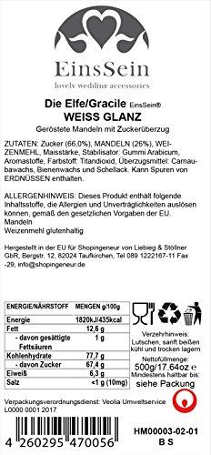500g Hochzeitsmandeln EinsSein® Gracile weiß-glanz Gastgeschenke Hochzeit Zuckermandeln Schokomandeln Bonboniere Bonbons Schokotafeln ohne organzasäckchen Dragees Taufe Taufmandeln kg 500g schoko - 2