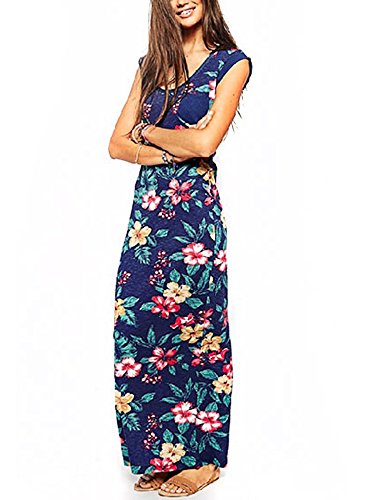 HanLuckyStars 2016 Nuevo Vestido de Paño Impresión Floral Cómodo Elegante Moda , Vestido de Casual Verano Playa Largo de Estilo Bohemio sin Mangas para Mujer Chica