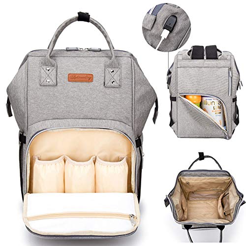 Bolso cambiador de pañales con almohadilla y calentador de gran capacidad, mochila de viaje para bebé, multifunción para maternidad, bolsa de lactancia, elegante y duradera (gris)