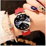 Shangshu Damenuhr Wasser Diamant Englisch Analoguhr Leder Uhr Wasserdichte Mädchen Schmuck,red