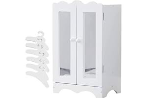 WODENY Doll's Wardrobe with 2 Mirrors and 6 Hangers Wooden Doll Armoire Open Closet Organizer Fits Up to 20'' Dolls Toys Furniture