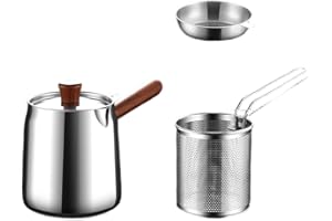 GLOBALHUT Olla freidora de acero inoxidable 304, con mango de nogal y cesta de malla para filtración de aceite, capacidad de 1,5 L y 2,0 L para freír eficientemente (A-3)