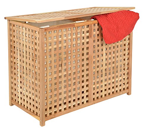 Wäschekorb Doppelkammer Wäsche Truhe 67 cm Höhe Badmöbel Massiv Walnuss Holz - 2