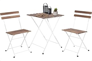 idooka Bistro Garden Table and Chairs - Metal White Frame Acacia Wood Garden Furniture Sets Outdoor Seating- Folding Table & 2 x Foldable Chair Set- 3 Piece Patio Set Square Metal- Balcony Furniture