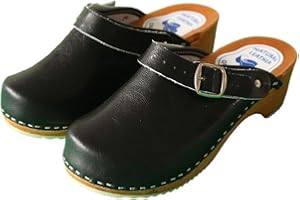 PAFOLI Women’s Leather Clogs - Natural Swedish Handmade Wooden Sole Sandals Easy Fit with Strap Buckle in Smooth Finish Available in All UK Sizes