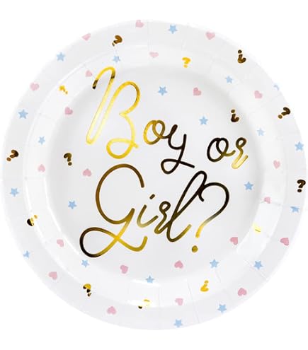 ARTYFETES 8 Piatti Per Baby Shower: Ragazza O Ragazzo? Con Decorazioni Oro - 5
