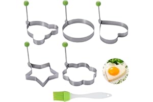 OUOQI 5 Muffa Dell'uovo Fritto in Acciaio Inox,Stampo Uovo Fritto,Anello per Uova Fritte,Muffa Dell'uovo Fritto,Anello Uovo Antiaderente,Con 1 Pennello olio,Usato per uova fritte,utensili da forno(3)