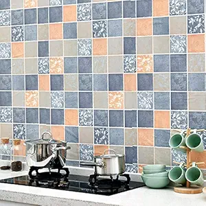 Wolpin Wall Sticker Bathroom Wallpaper (45 x 600 cm), Waterproof Kitchen Tiles Pattern, DIY Stove Backsplash, Countertop Self Adhesive Decal, Blue & Orange